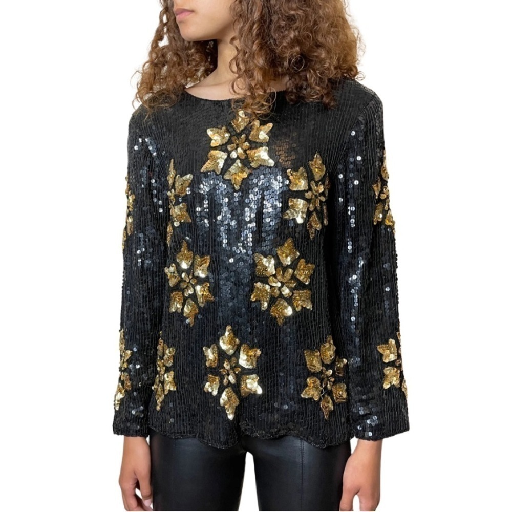 Woodward black gold snowflake sequin silk blouse top size S